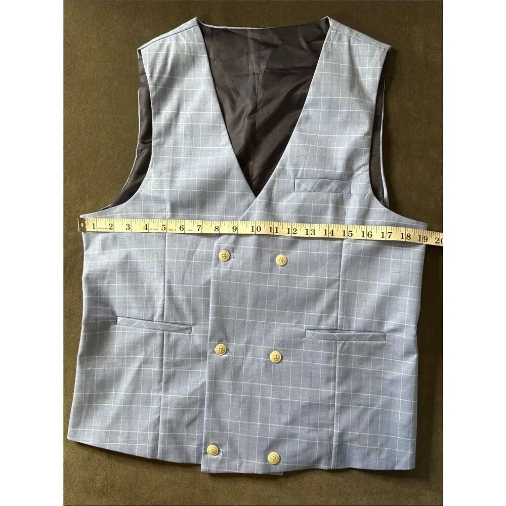 Men’s Light Blue Windowpane Double-Breasted Vest V-Neck Size 36 NWOT